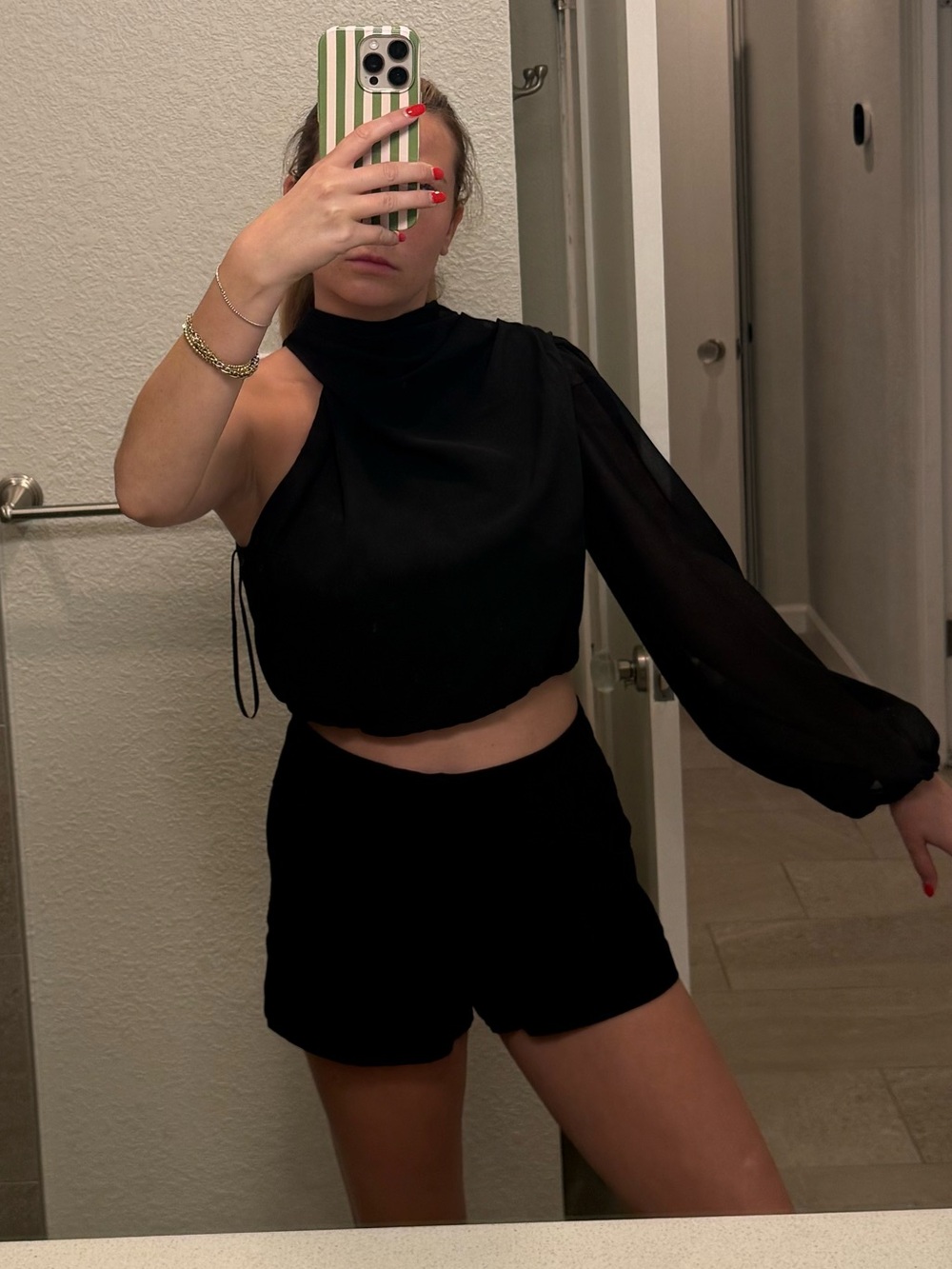Hello Molly Black One-Shoulder Crop Top with Sheer Long Sleeve